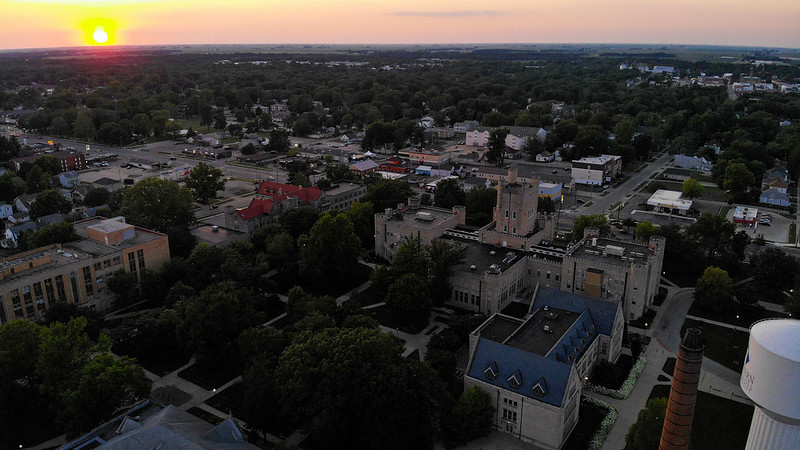 charleston EIU campus drone shot at sunset