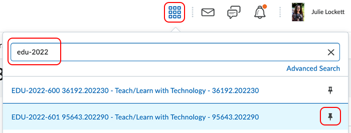 Pin course using the Course Selector