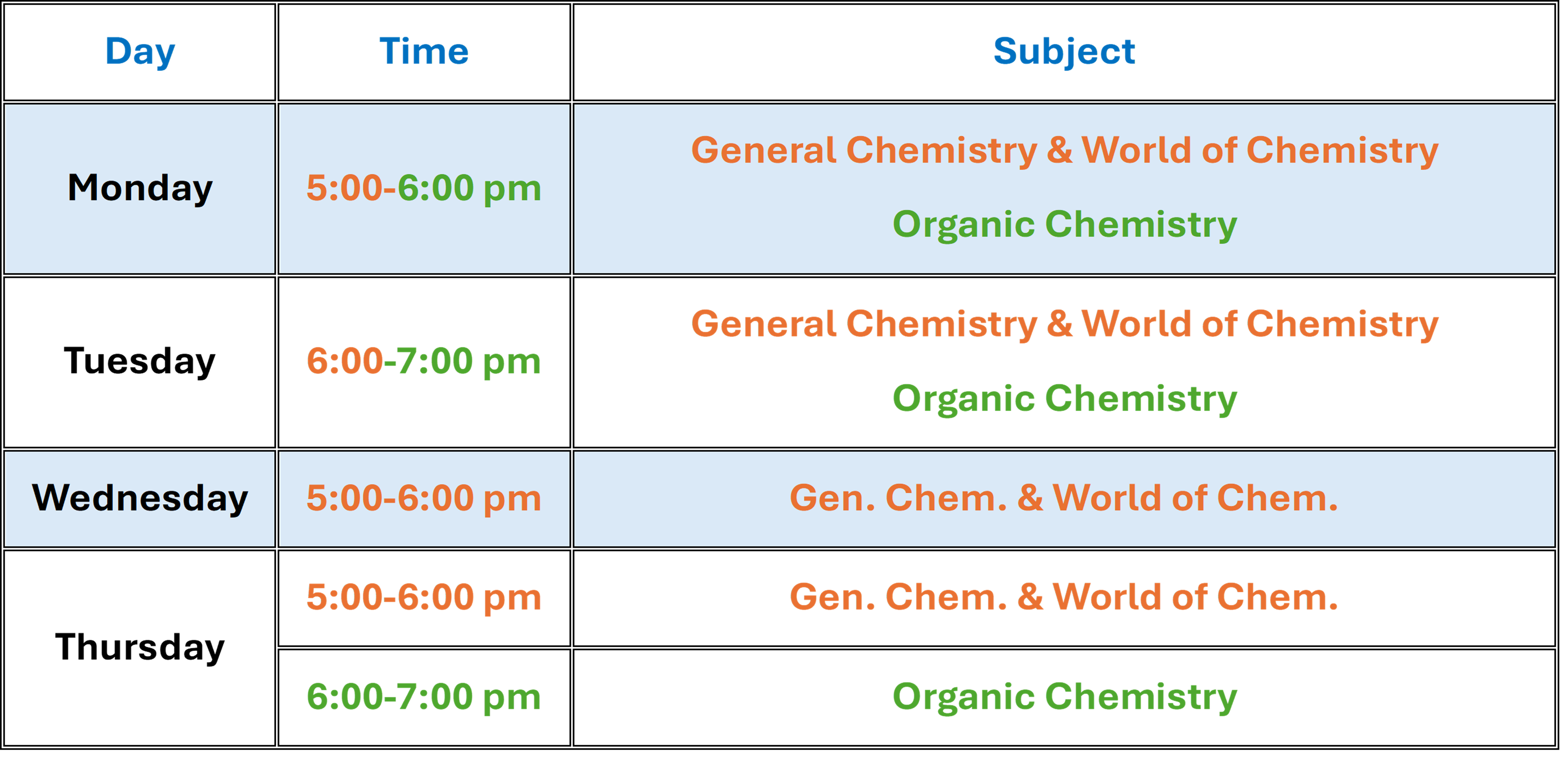 peer tutor schedule