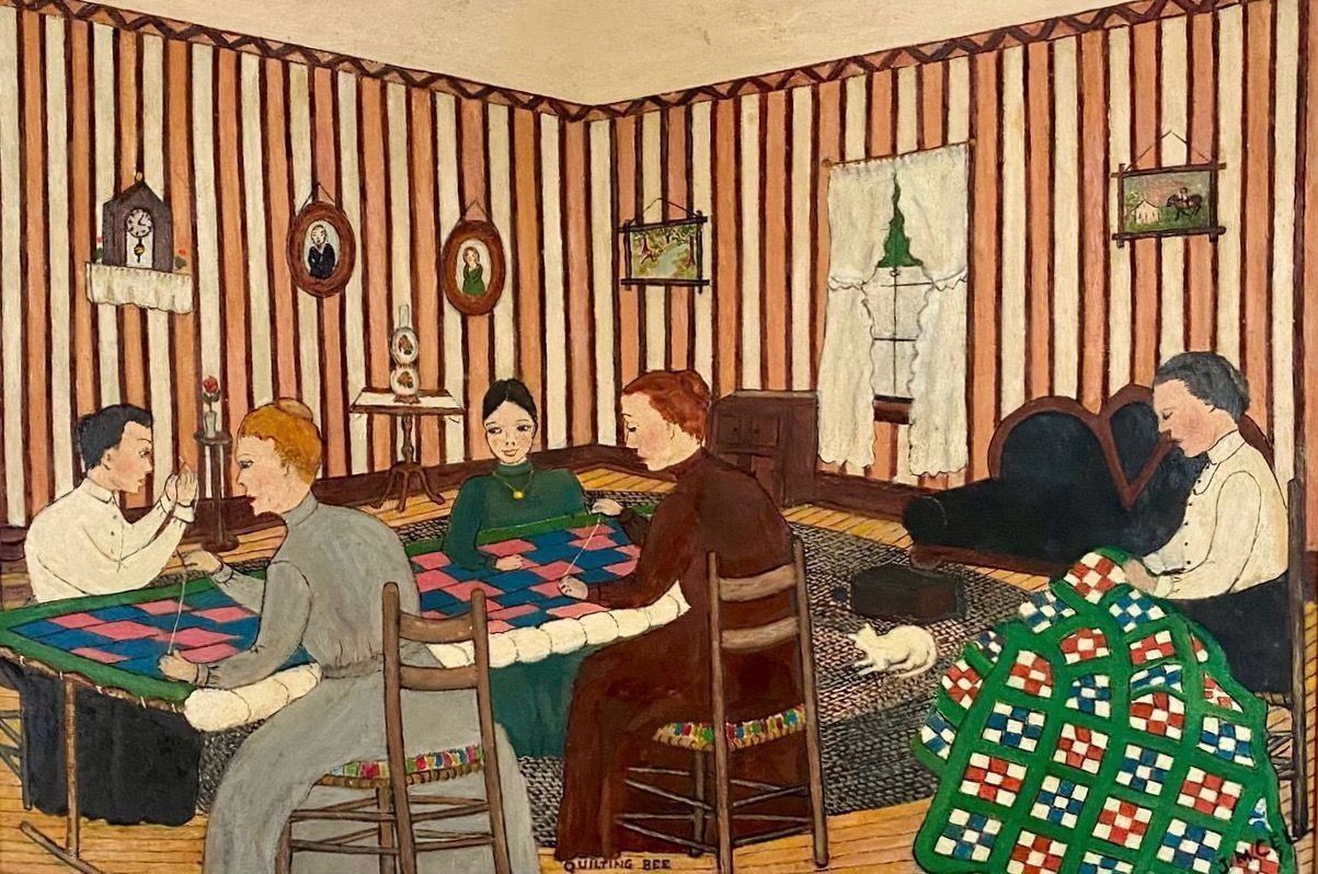 A painting of several women at a quilting bee